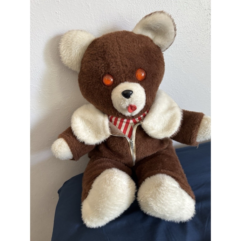 Vintage Stuffed Bear With Bright Orange Eyes. 22" Long Big Plush
